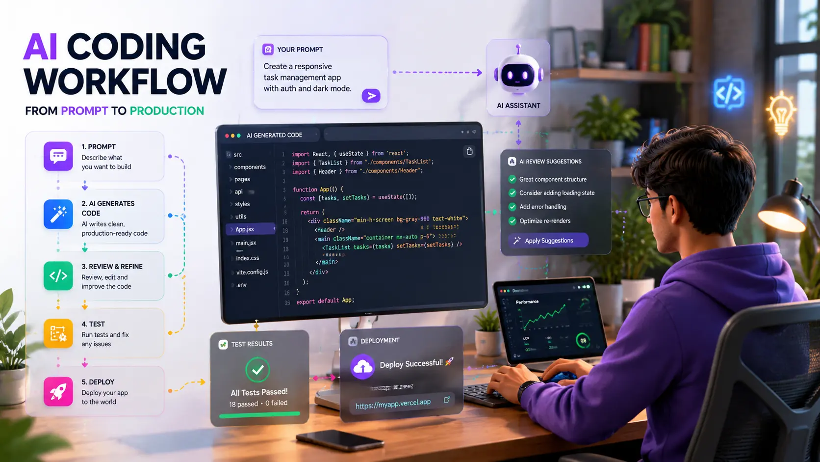 Illustration showing a developer interacting with an AI coding assistant through prompts, code generation, review, testing, and deployment.