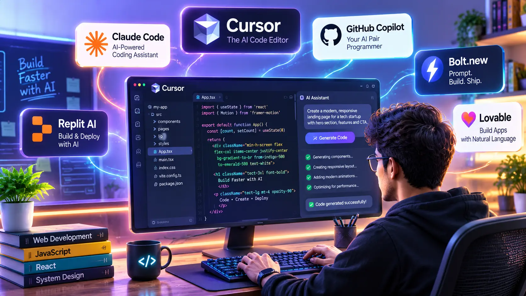Modern AI coding tools including Cursor AI, Claude Code, GitHub Copilot, Replit AI, Bolt.new, and Lovable used for AI-assisted software development.