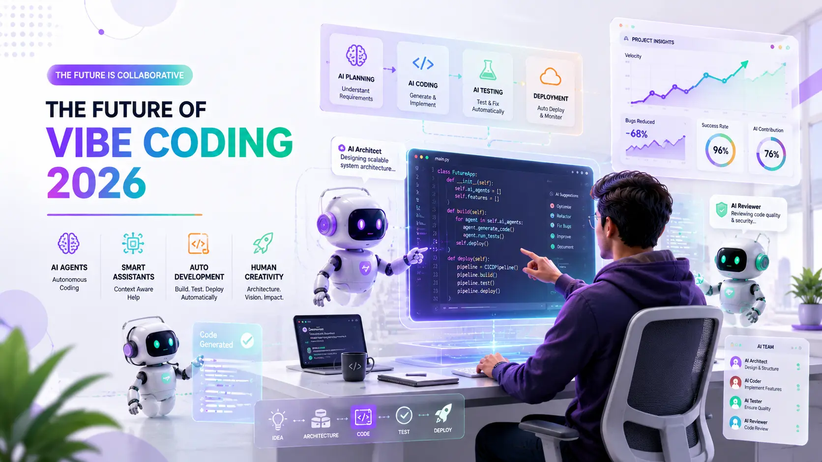Future of Vibe Coding showing AI agents, autonomous software development, collaborative coding assistants, and developers supervising AI-generated code.