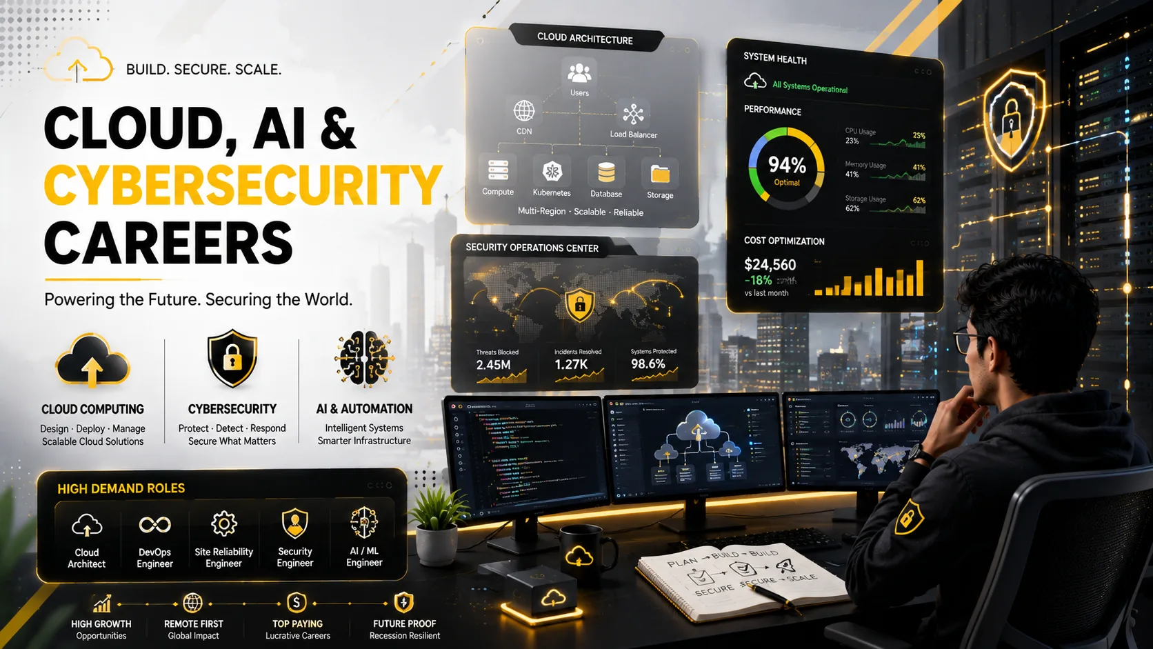 Cloud computing, cybersecurity, and enterprise infrastructure careers represented through modern cloud architecture and security dashboards.