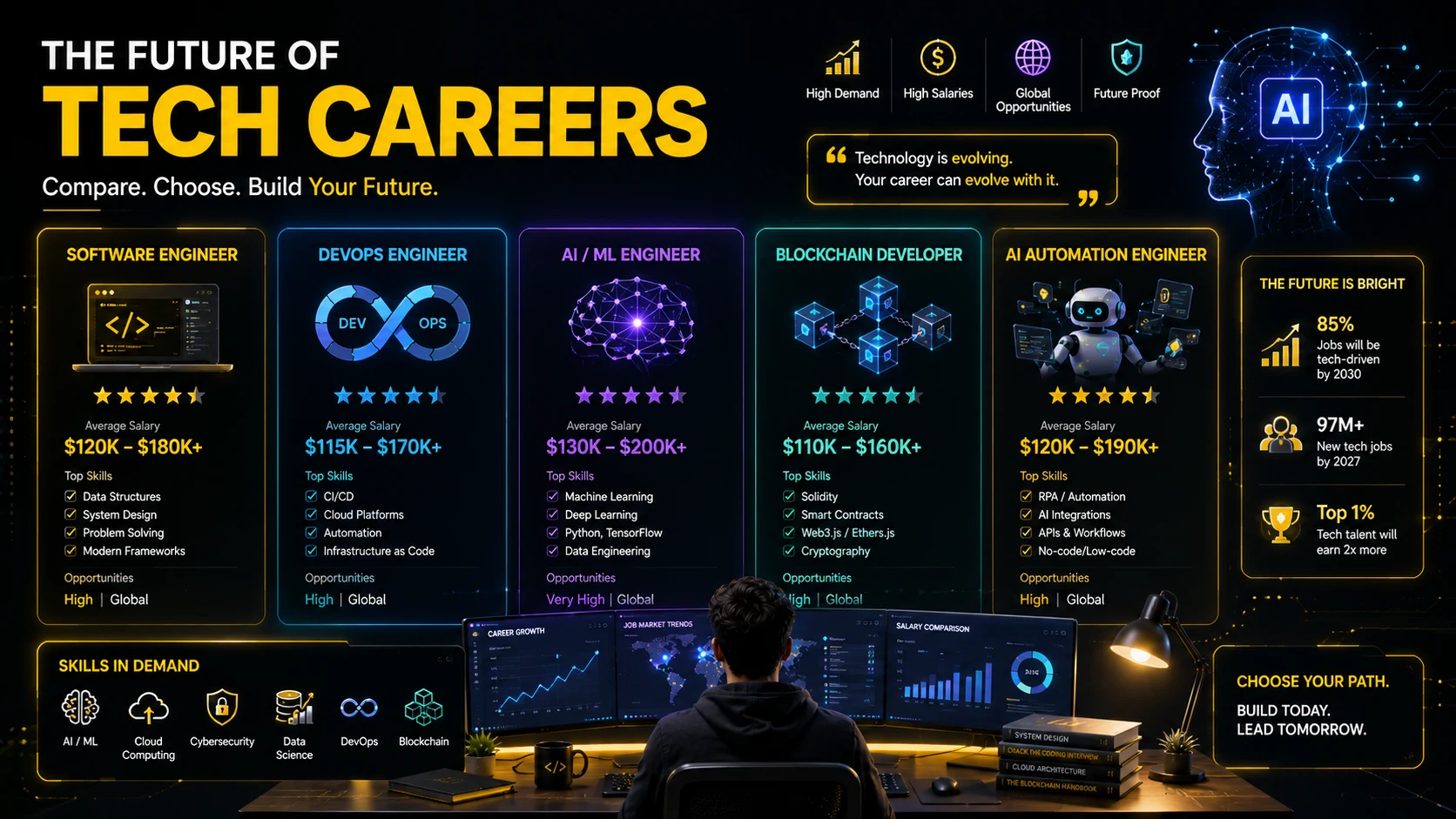 Comparison of modern technology careers including software engineering, DevOps, blockchain development, and AI automation.