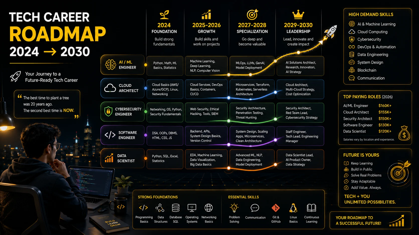 Technology career roadmap showing skills needed for AI, cloud computing, cybersecurity, software engineering, and data science.
