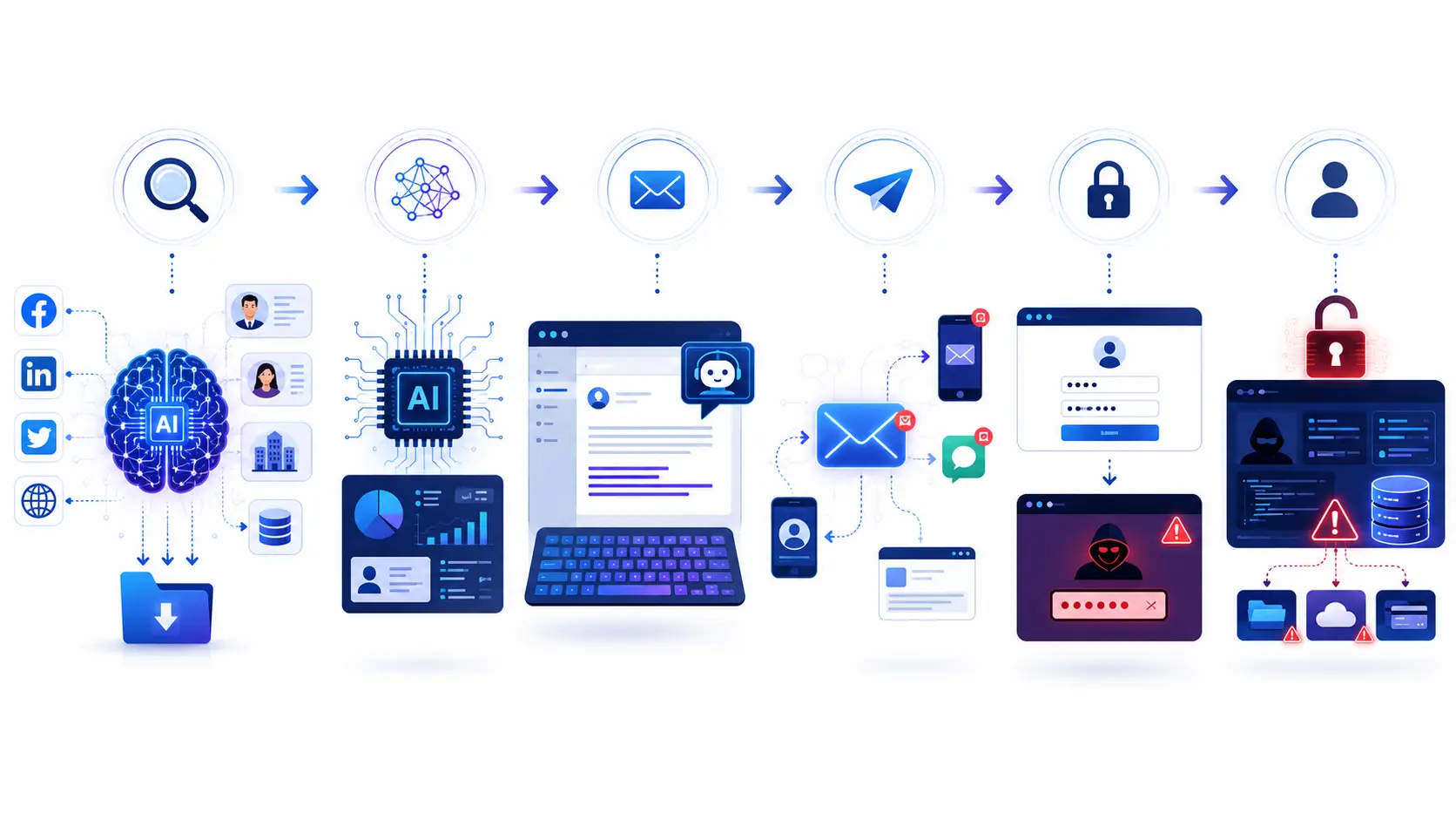 AI-powered phishing attack workflow showing reconnaissance, personalized email generation, credential theft, and account compromise.