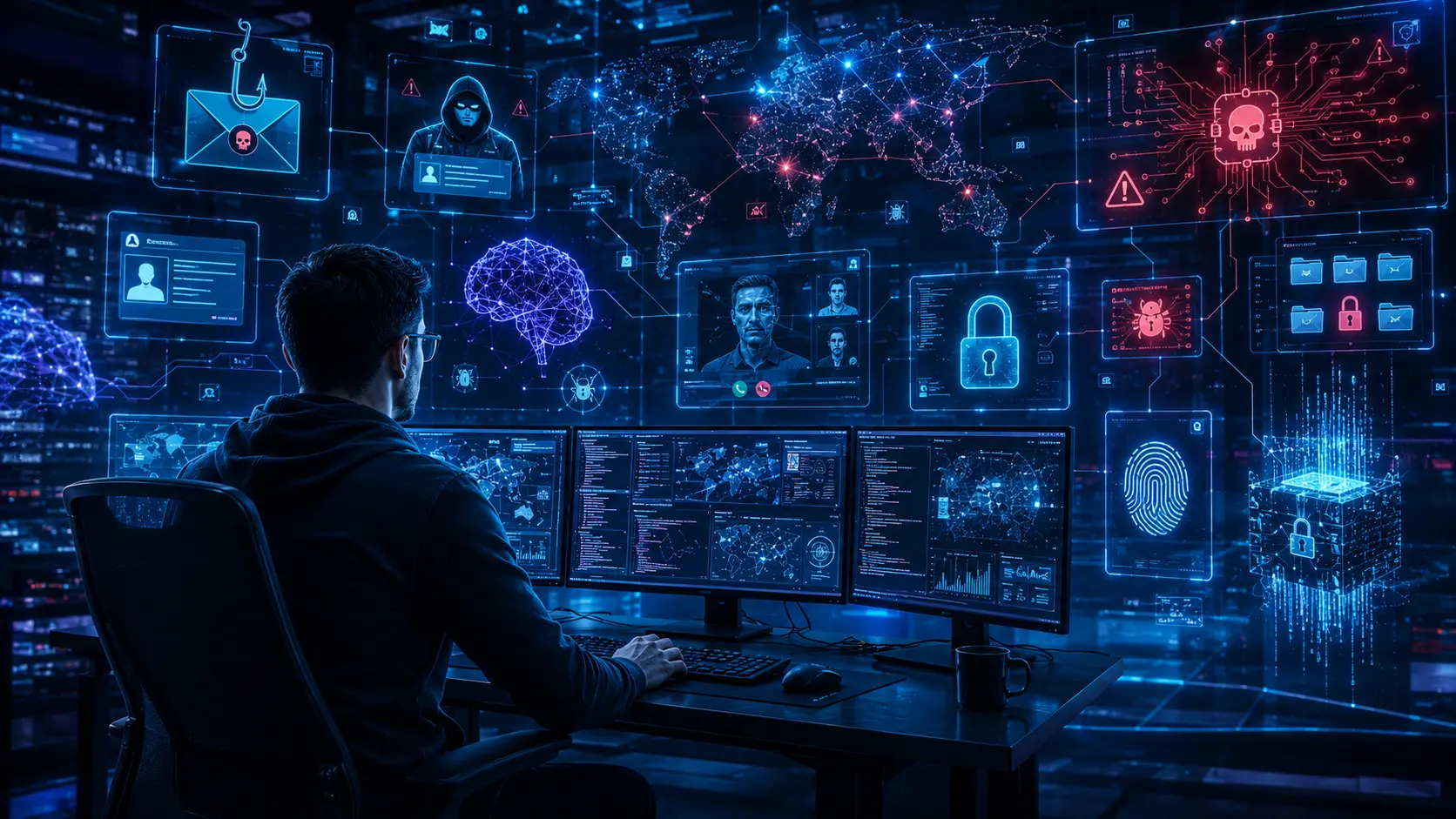 Security analyst monitoring AI-powered cyber attacks including phishing, deepfakes, malware, and AI-generated cyber threats in 2026.