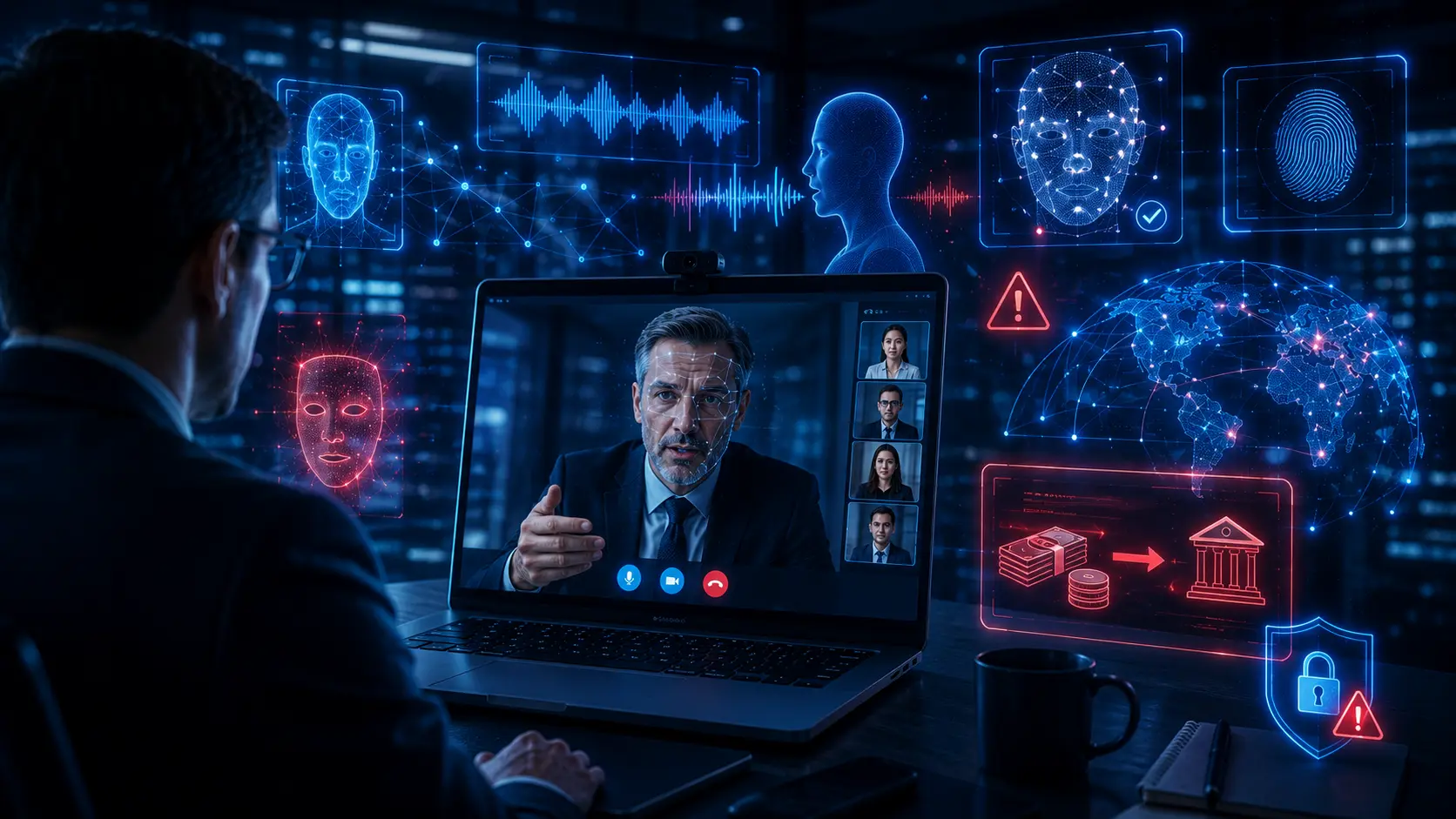 Deepfake video call and AI voice cloning cyber attack targeting businesses and individuals.