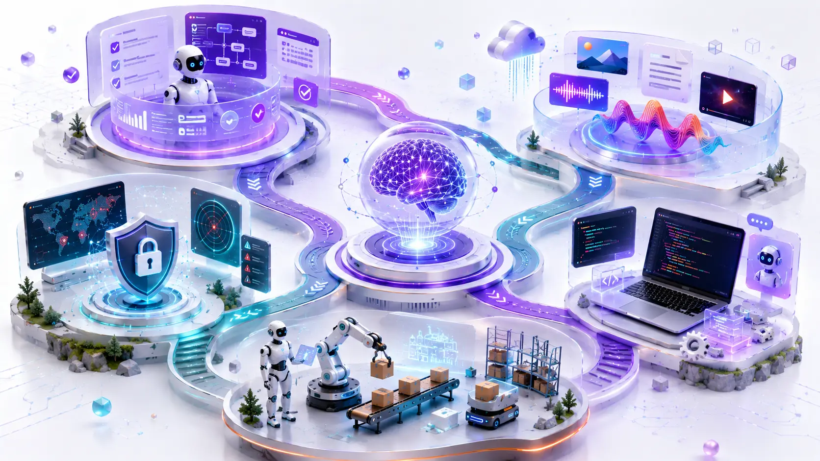 Comparison infographic showing Agentic AI, Multimodal AI, AI Cybersecurity, AI Coding Assistants, and Physical AI in 2026.