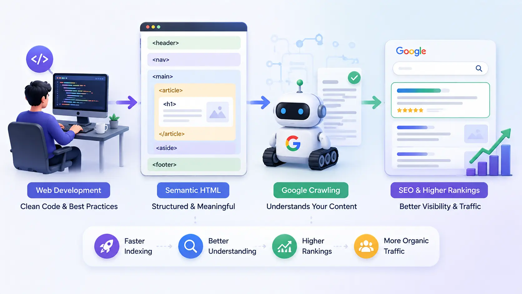 Illustration showing the relationship between web development, semantic HTML, Google crawling, and search engine optimization.
