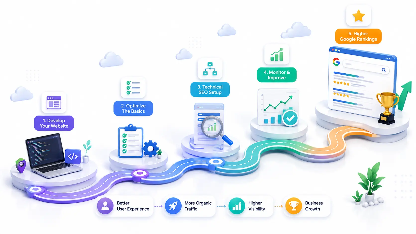 Illustration showing the journey from website development to higher Google rankings through SEO best practices.
