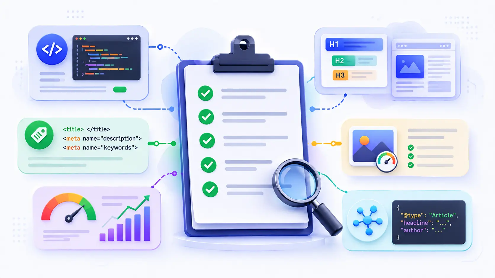 SEO workflow infographic showing website development, optimization, sitemap generation, Google Search Console, and performance monitoring.