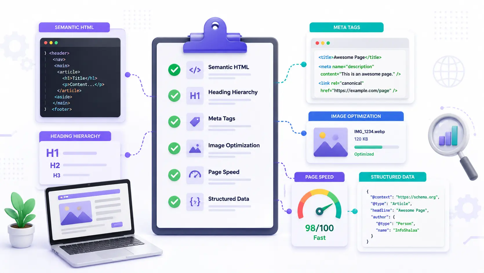 Technical SEO checklist showing semantic HTML, heading hierarchy, meta tags, image optimization, page speed, and structured data.